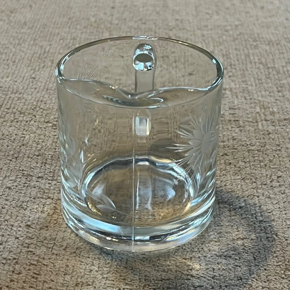 Vintage Etched Glass Cream and Sugar Set Floral Daisy Pattern Clear Glass Pair